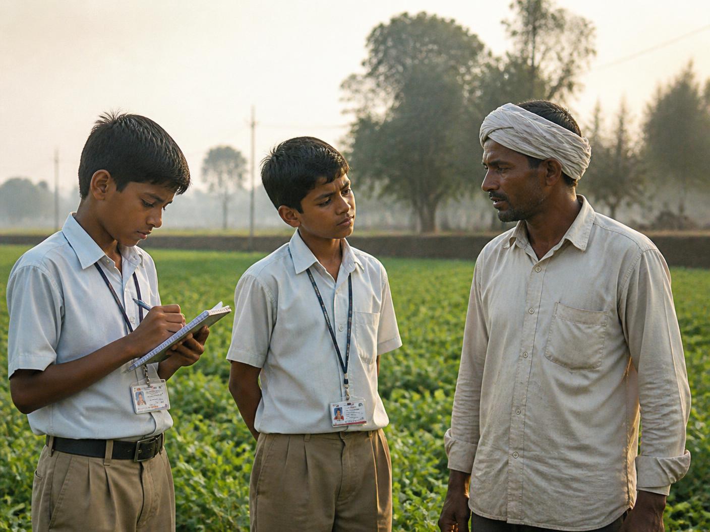 Two students standing with a farmer in his field, looking closely at the crop