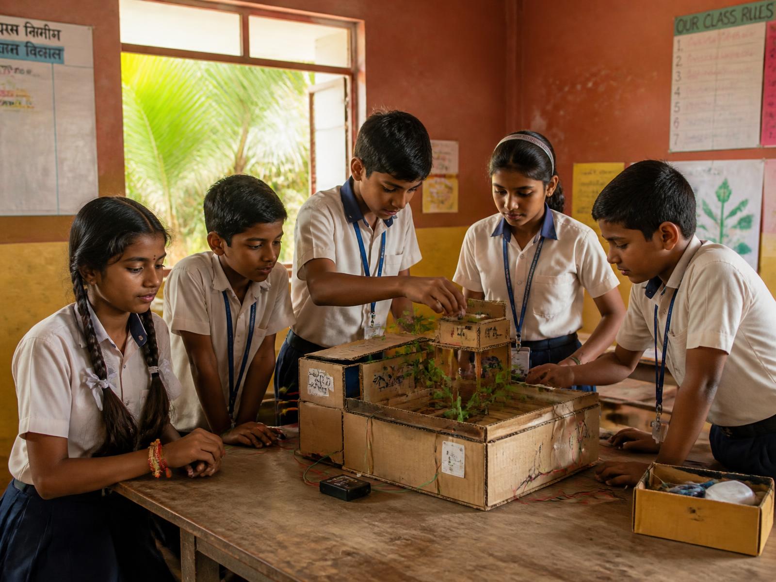 Children building a cardboard prototype together in a workshop